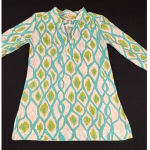Hatley Top Womens Boho Tunic Cotton Coastal Ikat Resort Teal Green Large